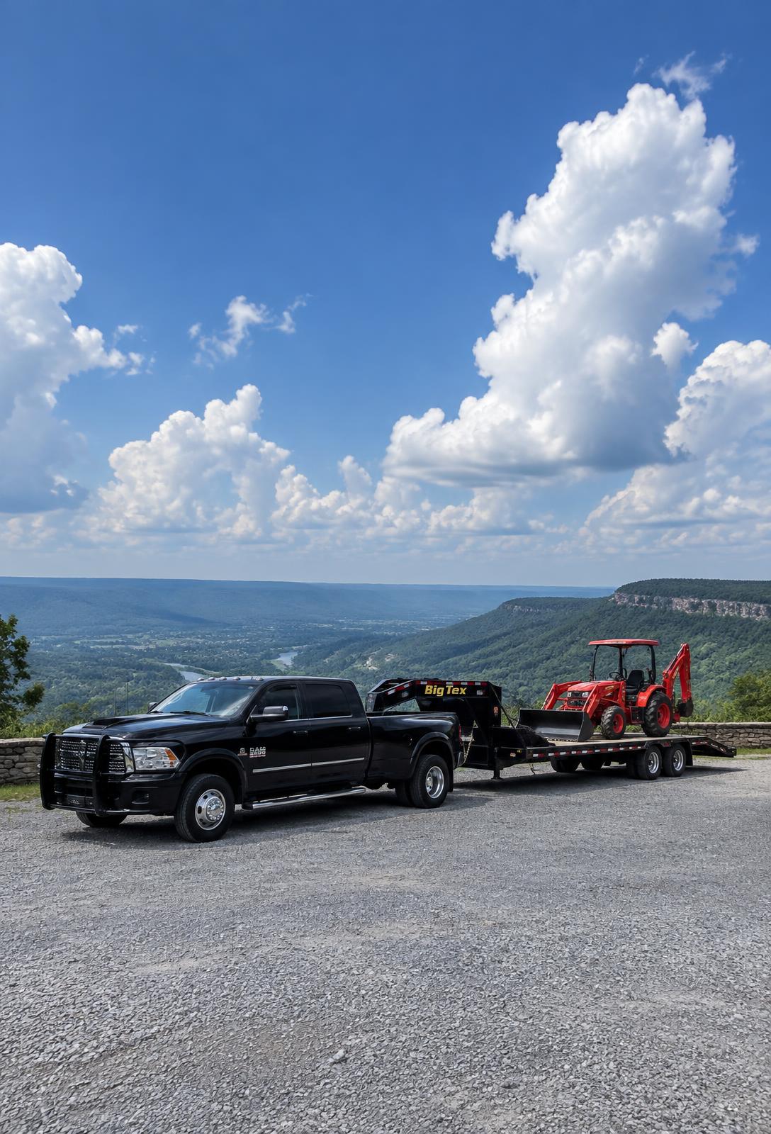 Walden Farms truck towing an equipment trailer with a red tractor backhoe